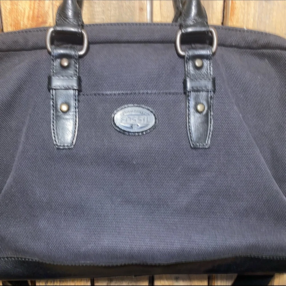 Fossil Black Canvas Laptop Nag with Leather Trim